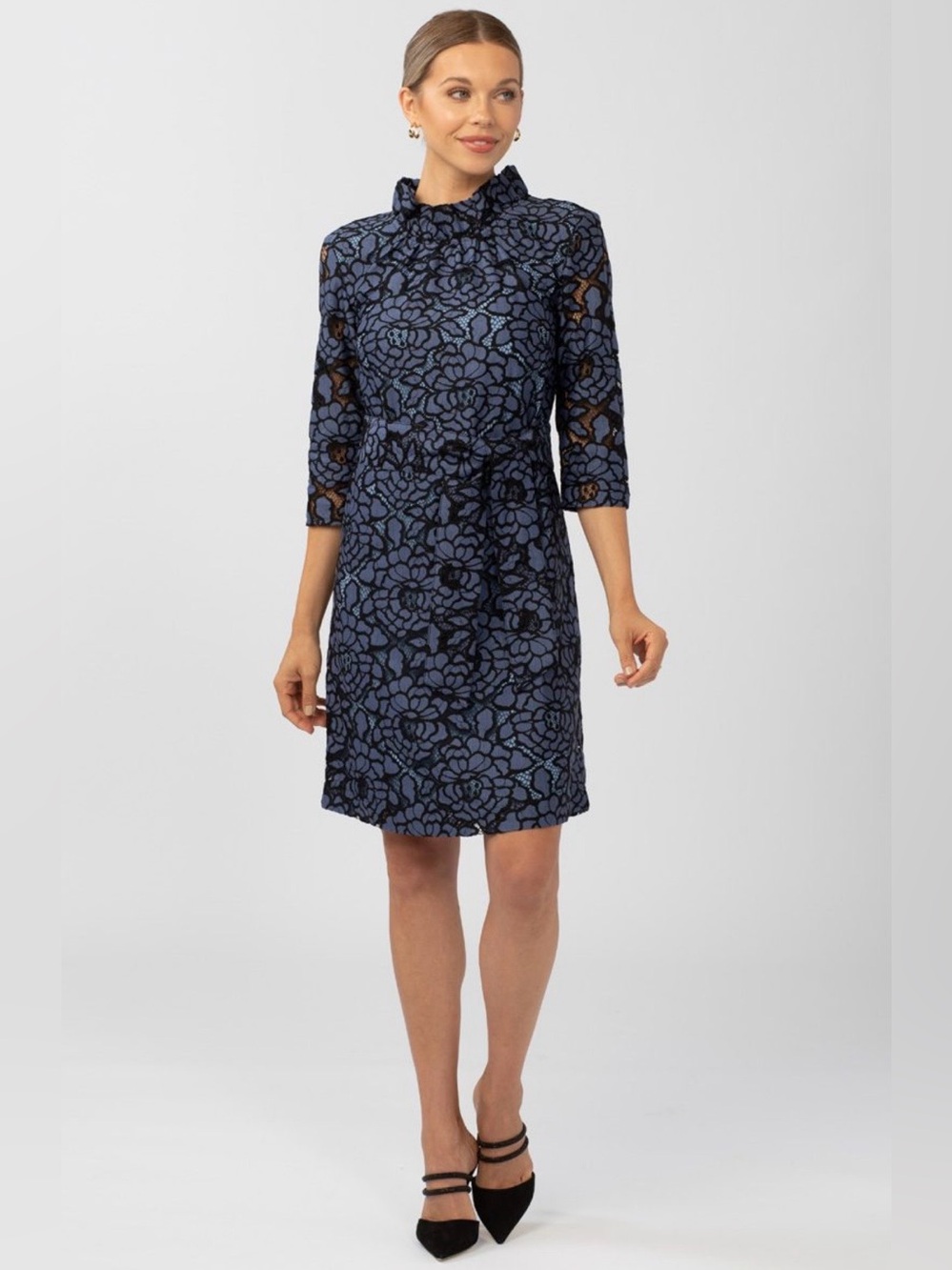 Abbey Glass Claudine Blue Black Floral Lace
Mock Crew Neck Dress size S cocktail
